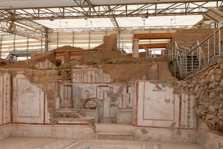 Efes, Izmir, Turkey - August 23, 2021: View from archeological site the Terrace Houses (Yamac Evler in Turkish)のeditorial素材