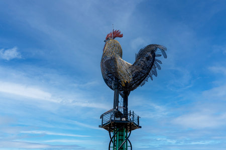 Pamukkale, Denizli, Turkey - August 27 2021: The giant metal rooster, which was built in the urban forest (Kent Ormani in Turkish) and is the symbol of Denizli City.のeditorial素材