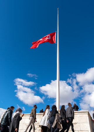 Ankara, Turkey - November 10 2021: On this day, which is the anniversary of Ataturk's death, Turkish people visit AnÄ±tkabir, and the Turkish flag was lowered to half as a matter of mourning.のeditorial素材