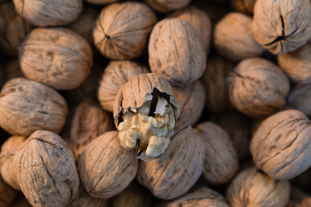 A cracked walnut and blurred walnuts in the background. Focus on cracked walnuts.