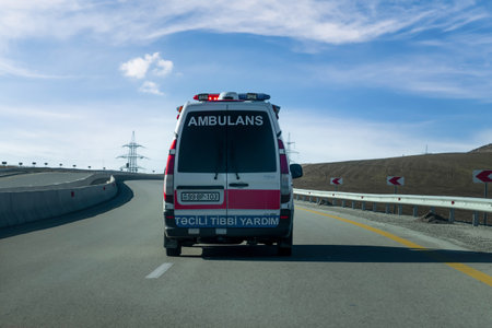 Baku, Azerbaijan - January 06 2022- Ambulance car in intercity road to help.のeditorial素材