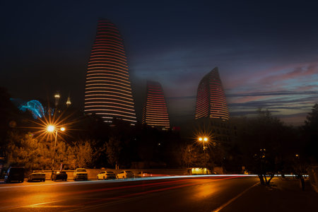 Baku, Azerbaijan - January 03 2022- Panoramic city view at night with long exposure