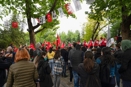 Cankaya, Ankara, Turkey - May 19 2022 Commemoration of Youth and Sports Day is an annual Turkish national holiday celebrated on May 19. People watch the celebration outside.のeditorial素材