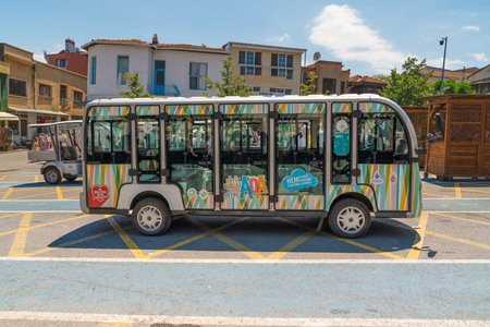 Istanbul, Turkey - June 19 2022: Electric public transport vehicle used in the islands in Marmara. vehicle parked.のeditorial素材