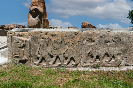 View of Sphinx Gate with some sculptures around it from Hittite period in AlacahÃ¶yÃ¼k. Corum, Turkeyの写真素材