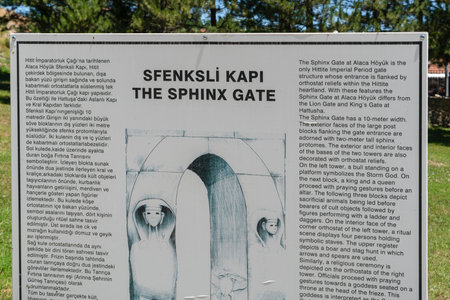 view of Sphinx Gate with some sculptures around it from Hittite period in AlacahÃ¶yÃ¼k. Corum, Turkeyのeditorial素材
