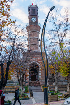 Merzifon, Amasya, Turkey - November 27, 2022: Merzifon Clock Tower is a clock tower located on the monumental entrance gate of Celebi Mehmet Madrasa, in the town center of Merzifon.のeditorial素材