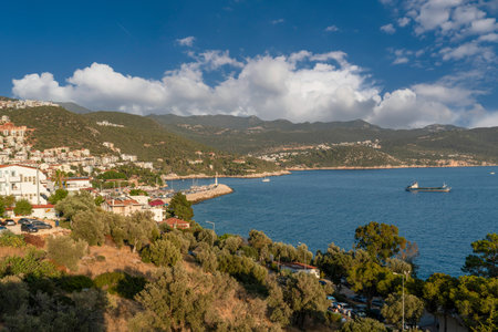 View of Kas harbor from the ancient city of Antiphellos, Kas, Antalya, Turkeyの写真素材