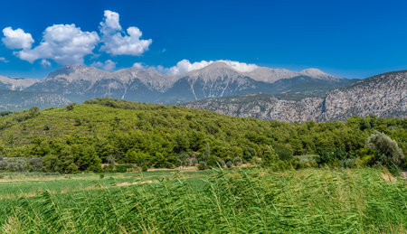 Panoramic view of the White Mountains (Ak daglar) between Fethiye and Kas in the Mediterranean region of Turkey.の写真素材