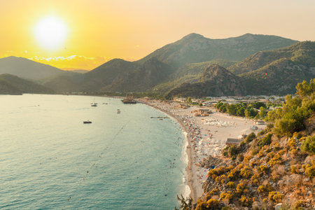 Panoramic Oludeniz view from the Butterfly Valley road at sunset. Fethiye, Mugla, Turkeyの写真素材