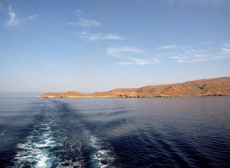 View of the sea from the back of a high speed ferry in the Cyclades, Greeceの写真素材