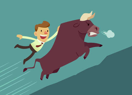 businessman hang on bull(market) running up hillのイラスト素材