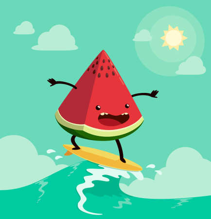 watermelon on surf board. One of the popular summer's activitiesのイラスト素材