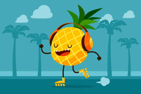 Illustration of pineapple on roller skates listen to music at the beachのイラスト素材