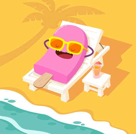 Illustration of ice cream stick sunbathing on a white beach chair at the beachのイラスト素材