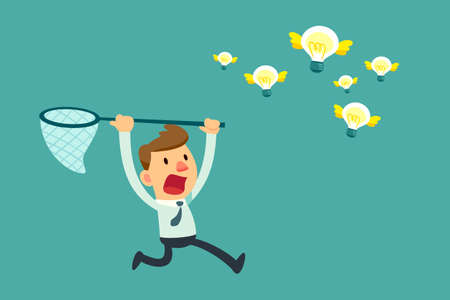 Illustration of businessman try to catch flying idea bulb with a netのイラスト素材