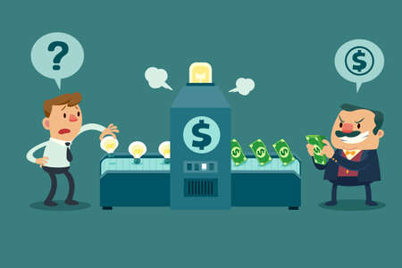 Illustration of employee put his idea bulb in a machine but his boss get all moneyのイラスト素材