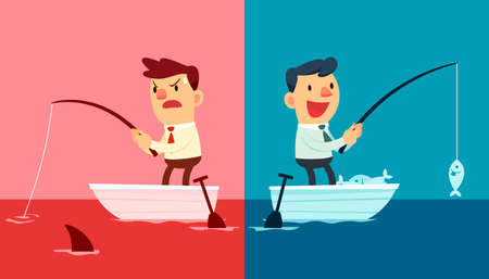 Illustration of two businessmen. One fishing in red ocean and the other in blue oceanのイラスト素材