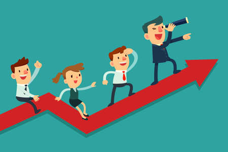 Illustration of team of businessman on arrow graph. Team leader has telescope and leading his team to successのイラスト素材
