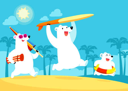 Illustration of polar bear family on summer vacation at the beachのイラスト素材