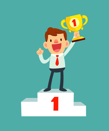 illustration of a happy businessman holding a trophy on podiumのイラスト素材