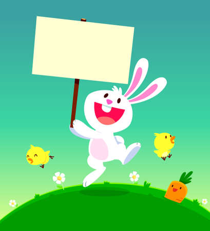 cartoon illustration of cute white rabbit holding a sign with chicks and carrotのイラスト素材