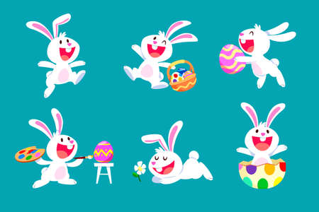 collection of white easter rabbit in different poses-isolatedのイラスト素材