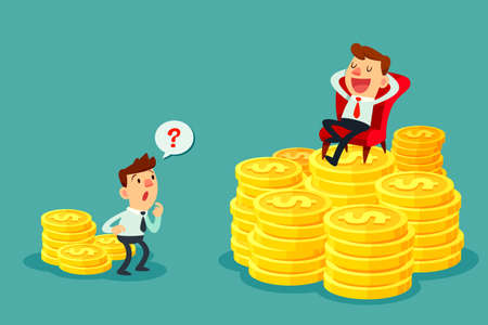 Happy businessman sit on several stacks of gold coins and another businessman only has a few. Investment concept.のイラスト素材