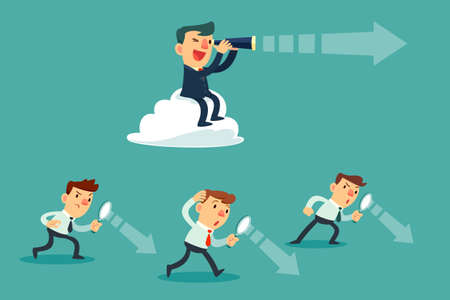 successful businessman with telescope sit on cloud above others. Business Vision Concept.のイラスト素材