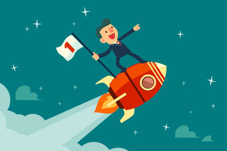 Happy businessman holding number one flag standing on rocket ship flying through starry sky. Start up business concept.のイラスト素材
