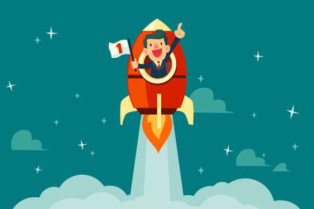 Happy businessman with number one flag on a rocket ship launching to starry sky. Start up business concept.のイラスト素材