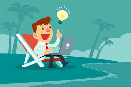 Happy businessman with idea bulb working with computer on the beach. Remote working and freelance concept.のイラスト素材