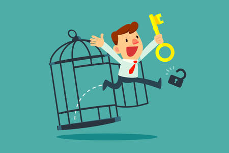 Businessman with golden key free himself from cage. Freedom concept.のイラスト素材