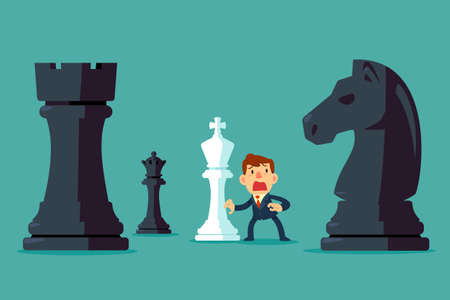 Businessman with white king chess piece get surrounded by black chess pieces. Business plan and strategy concept.のイラスト素材