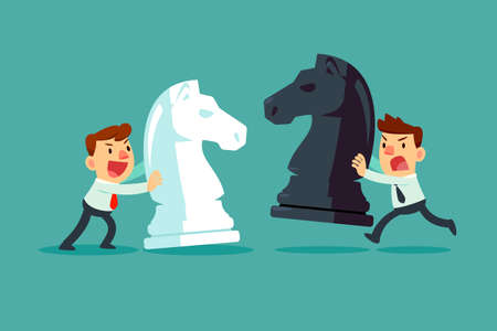Two businessmen moving chess pieces against each other. Business competition and strategy concept.のイラスト素材