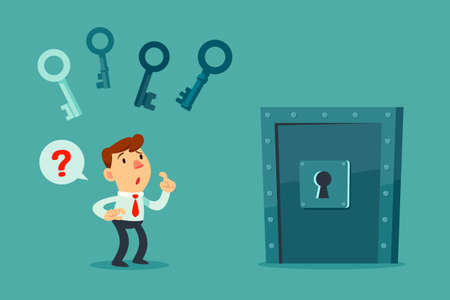 Confused businessman try to choose the right key to unlock metal door. business decision concept.のイラスト素材
