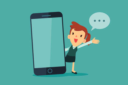 Woman talking beside phone with blank screen.のイラスト素材