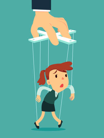 Businesswoman as puppet controlled by big hand  puppeteer. Business manipulation concept.のイラスト素材