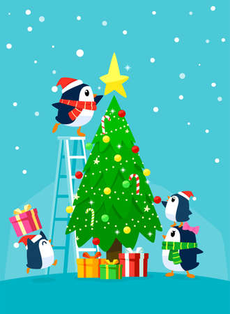 Penguin family decorating christmas tree. Christmas cartoon illustration.のイラスト素材