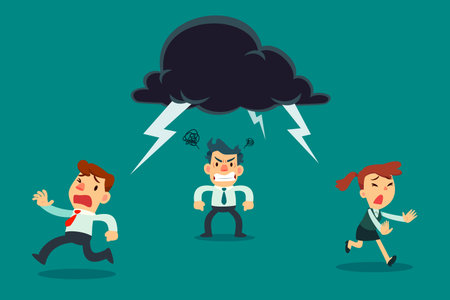 Business team running away from angry colleague with thunder cloud above his head. Business concept.