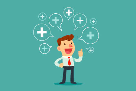 Happy businessman showing thumb up with positive thinking symbol around him. Positive thinking business concept.のイラスト素材
