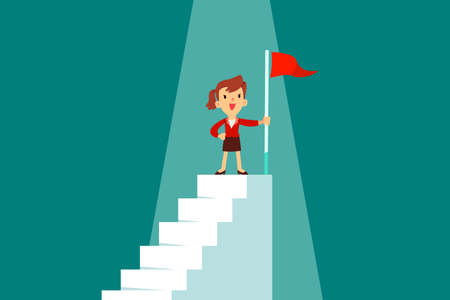 Successful businesswoman holding flag on top of staircase. Successful business concept.のイラスト素材