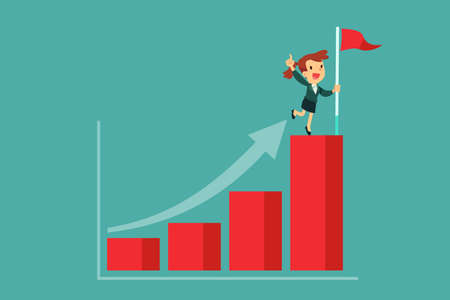 Successful businesswoman holding flag on top of highest bar graph. Successful self improvement business concept.のイラスト素材