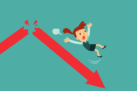 Businesswoman falling from broken arrow graph. Economic crisis business concept.のイラスト素材