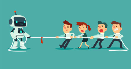 Business team pulling rope against robot with artificial intelligence. Competing in tug of war competition. Artificial intelligence technology business competition concept.のイラスト素材
