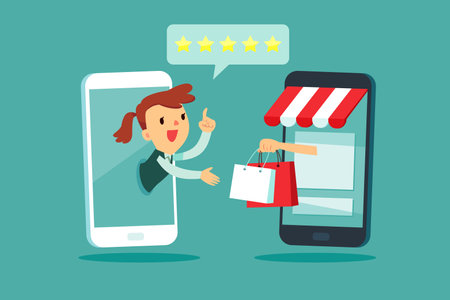 Businesswoman on smartphone screen give five star rating to online shopping store. Online shopping business concept.のイラスト素材