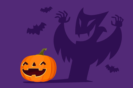 Halloween carved pumpkin with shadow as dracula and bats. Halloween pumpkin cartoon illustration.のイラスト素材