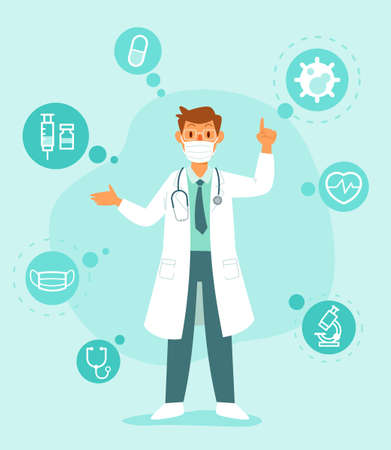 Doctor wearing face mask give medical advice with medical icons. Healthcare and medical information concept.のイラスト素材