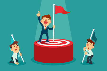 Successful businessman holding flag on top of target winning against the competition. Setting goal business competition concept.のイラスト素材