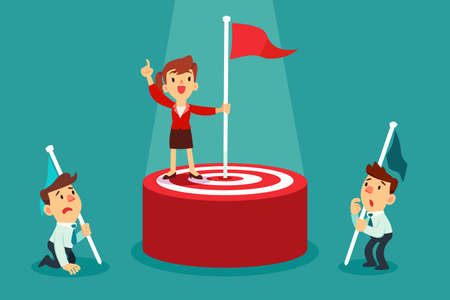 Successful businesswoman holding flag on top of target winning against the competition. Setting goal business competition concept.のイラスト素材